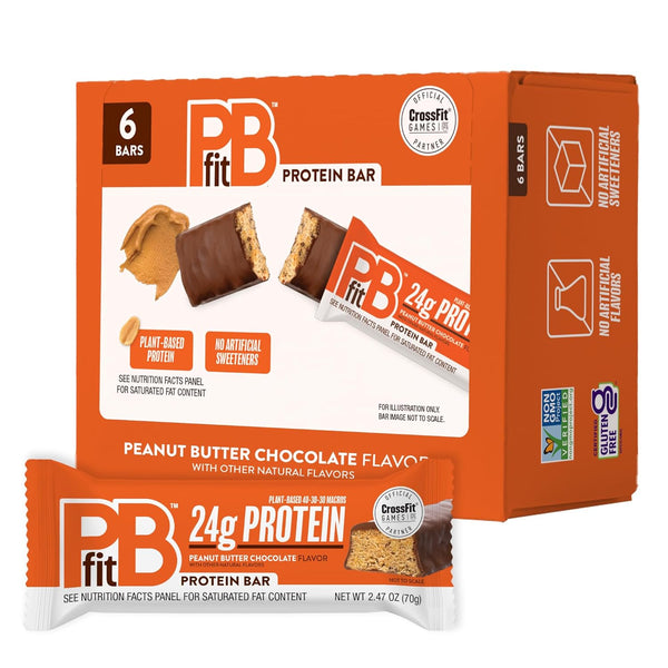 PBfit Peanut Butter Chocolate Protein Bars, 24g Protein, Gluten Free, Vegan, 40-30-30 Macros, 2.47 Oz, Pack of 12