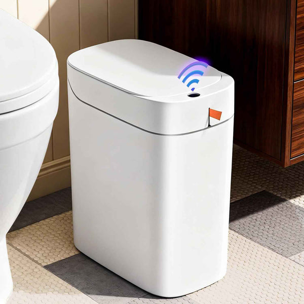 MOPUP Bathroom Trash Can, Automatic Bagging Garbage Can, 3.5 Gallon Slim Smart Small Plastic Trash Bin, Narrow Motion Sensor Trash Can for Bedroom, Office White