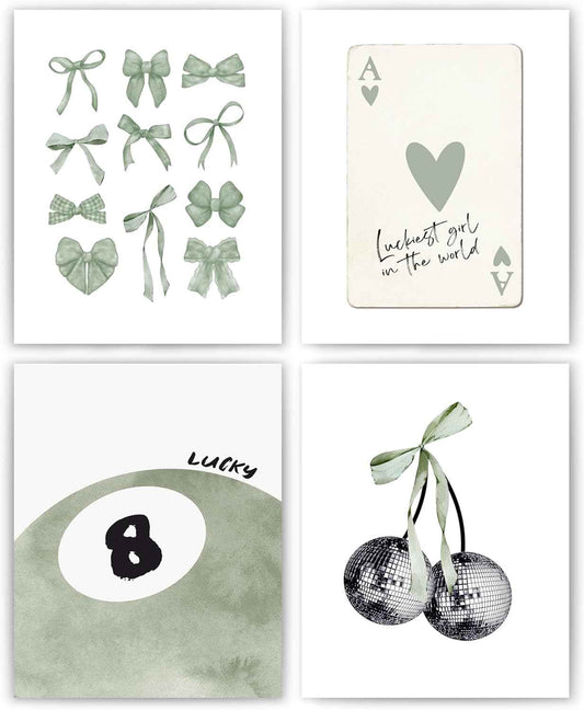 okaxscm Sage Green Coquette Trendy Preppy Wall Art Prints Set of 4, Coquette Preppy Room Decor Aesthetic, Green Bow Disco 8 Ball Cherry Wall Decor Posters for Girls Bedroom Dorm, 8x10 Unframed