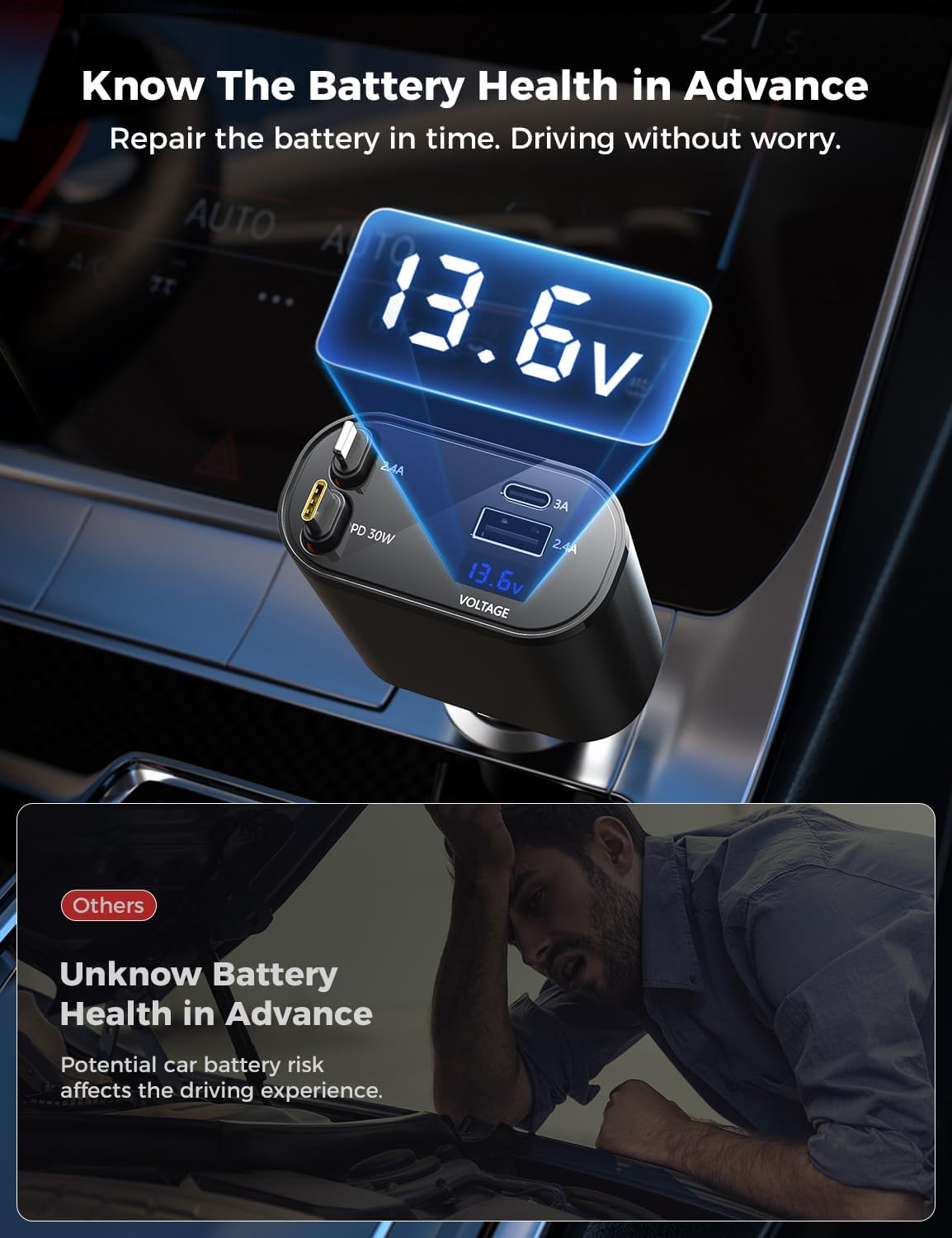 【Upgraded】 SUPERONE Retractable Car Charger 4 in 1, Fast Car Phone Charger with Cord 2.6ft, USB C and Apple Car Adapter, Compatible with iPhone 17 16 15/15 Pro Max/14/13/12/11, Galaxy, Pixel - Rayz Mart