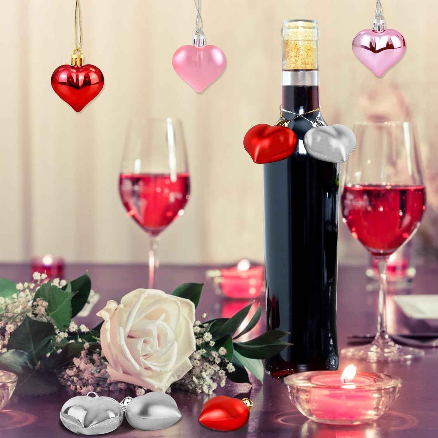 36Pcs Valentines Heart Shaped Ornaments - Valentines Heart Decorations - Red Pink Silver Glitter Heart Shaped Baubles - Romantic Christmas Valentines Tree Hanging Decorations