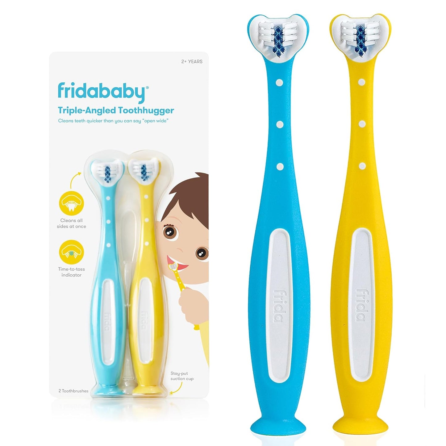 Frida Baby Triple-Angle Toothhugger Training Toddler Toothbrush | Toddler Toothbrush 2 Years and Up, Cleans All Sides at Once | Blue