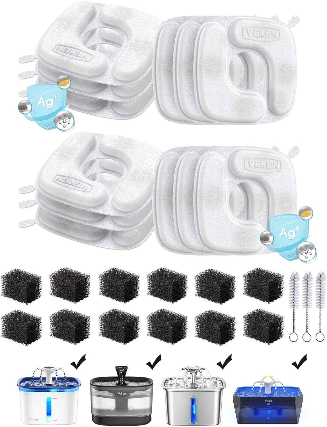 Veken Cat Water Fountain Filters, 8 Pack Replacement Filters & 8 Pack Replacement Pre-Filter Sponges Set for 50oz, 84oz, 95oz or 108oz Automatic Pet Fountain Dog Water Dispenser