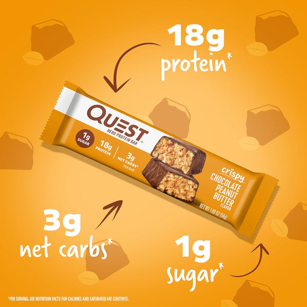 Quest Nutrition Crispy Chocolate Peanut Butter Hero Protein Bar, 18g Protein, 1g Sugar, 3g Net Carb, Gluten Free Protein Snack, Keto Friendly, 12 Count