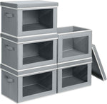Storage Bins with Lids - Fabric Closet Storage Bins with Window, Collapsible Baskets for Shelves 4 Pack, Home Decorative Boxes for Clothes, Closet, Office, Grey