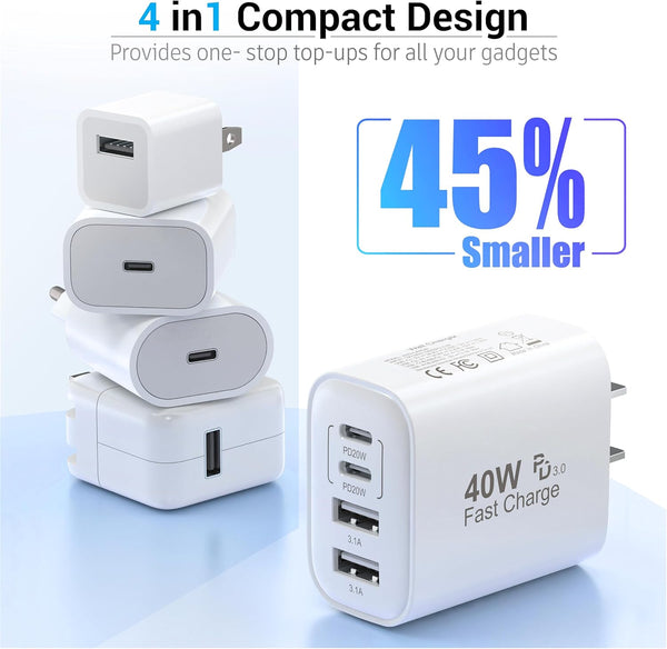40W 4 Ports USB-C Wall Charger Plug Fast Charging Multiport Adapter