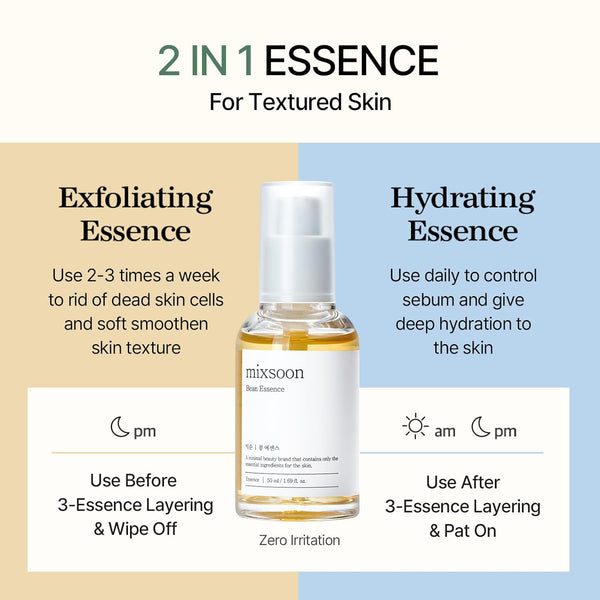 Mixsoon bean essence exfoliating hyaluronic acid serum for textured skin, vegan, no artificial fragrance