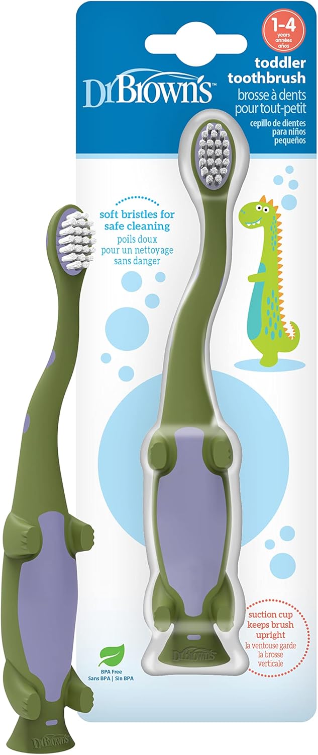 Dr. Brown's Baby and Toddler Toothbrush, Green and Orange Dinosaur 2-Pack, 1-4 Years