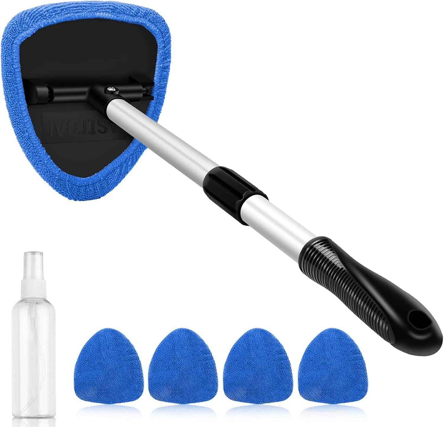 AstroAI Windshield Cleaner Tool, Car Interior Detailing Cleaning Kit with Extendable Handle and 4 Upgraded High-Density Reusable Microfiber Pads, Auto Glass Wiper Brush Kit for Cars, Blue, 15.9in-21in