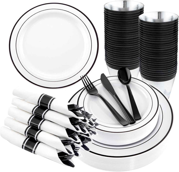 WELLIFE 700 Pieces Silver Plastic Dinnerware Set for 100 Guests - Includes Plates, Cups, Napkins, and Disposable Cutlery - Elegant White & Silver Design, Perfect for Parties and Events