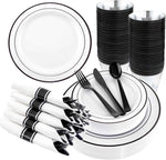 WELLIFE 700 Pieces Gold Plastic Dinnerware Set for 100 Guests - Includes Plates, Cups, Napkins, and Disposable Cutlery - Elegant White & Gold Design, Perfect for Parties and Events