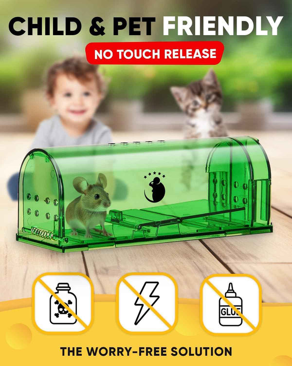 Reusable humane mouse traps, catch and release, easy cleaning, 4 pack with cleaning brush