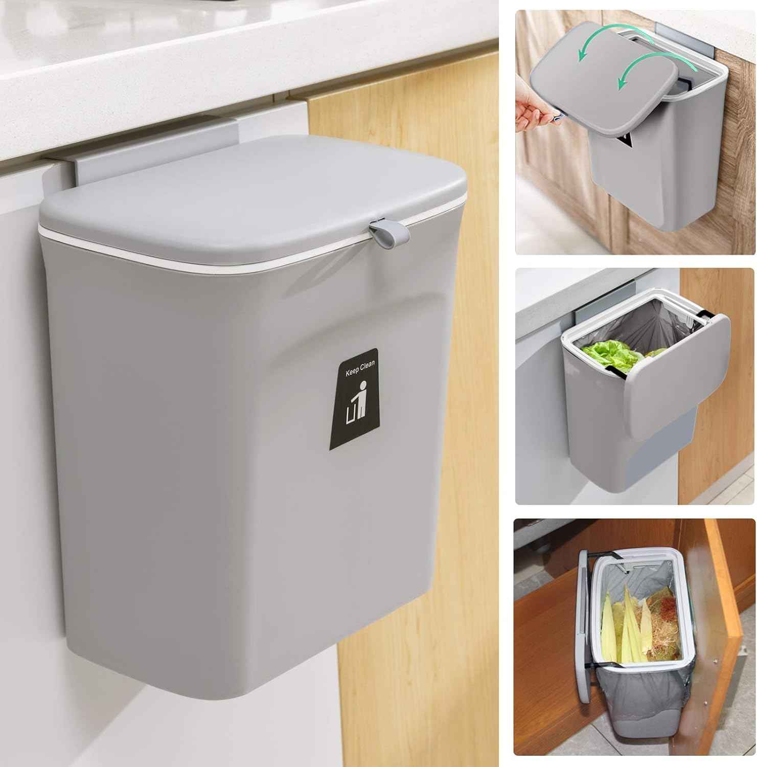 Tiyafuro 2.4 Gallon Kitchen Compost Bin for Counter Top or Under Sink, Hanging Small Trash Can with Lid for Cupboard/Bathroom/Bedroom/Office/Camping, Mountable Indoor Compost Bucket, Gray
