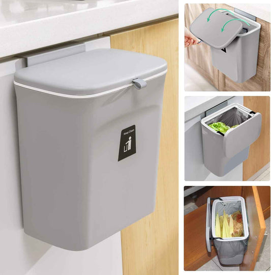 Tiyafuro 2.4 Gallon Kitchen Compost Bin for Counter Top or Under Sink, Hanging Small Trash Can with Lid for Cupboard/Bathroom/Bedroom/Office/Camping, Mountable Indoor Compost Bucket, Gray