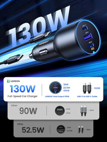 UGREEN 130W USB C Car Charger, PD 100W +PD 30W Type C Car Charger Adapter Compatible with iPhone 17/17 Air/17 Pro/17 Pro Max/16/15/14/13/12 Series, Galaxy S24 S23 Ultra, iPad, MacBook, and More