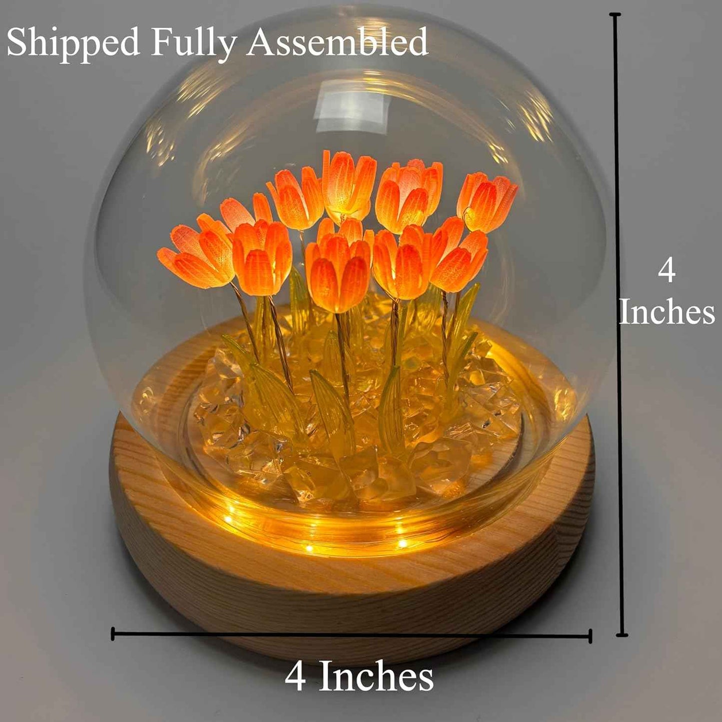 Tulip Lamp Glass Globe - Illuminated Flower Lamp with Glowing Blooms on Wooden Base - Battery-Powered Decorative Night Light for Bedroom, Living Room & Home Decor | Tulip and Rose Infinity Mirror, Gift for Women or Girl, Fully Assembled, in a Glass, Cuten