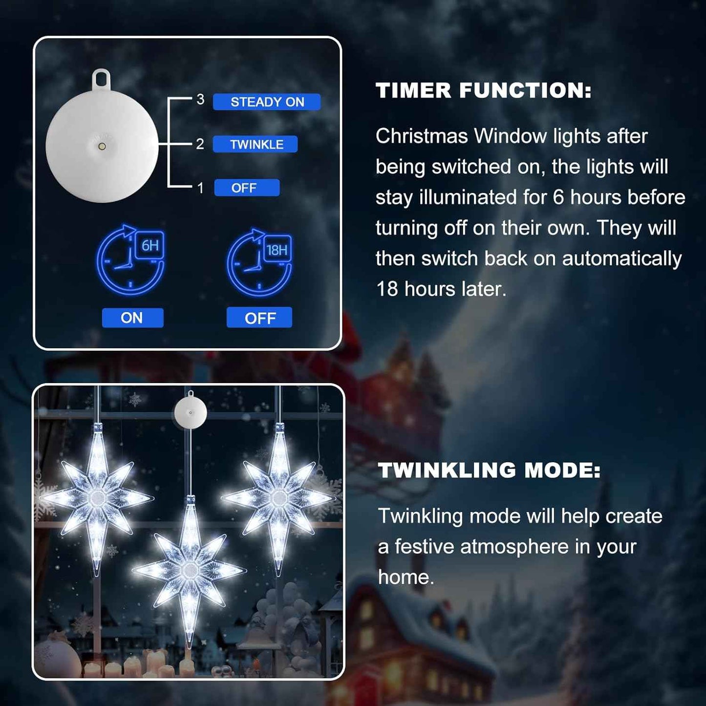 3Pcs Christmas Window Lights Decorations with Timer,Battery Powered Christmas Window Hanging White Lighted Lucky Star Shaped LED Sucker Lamp for Xmas Tree Fireplace Window Indoor Outdoor Decor