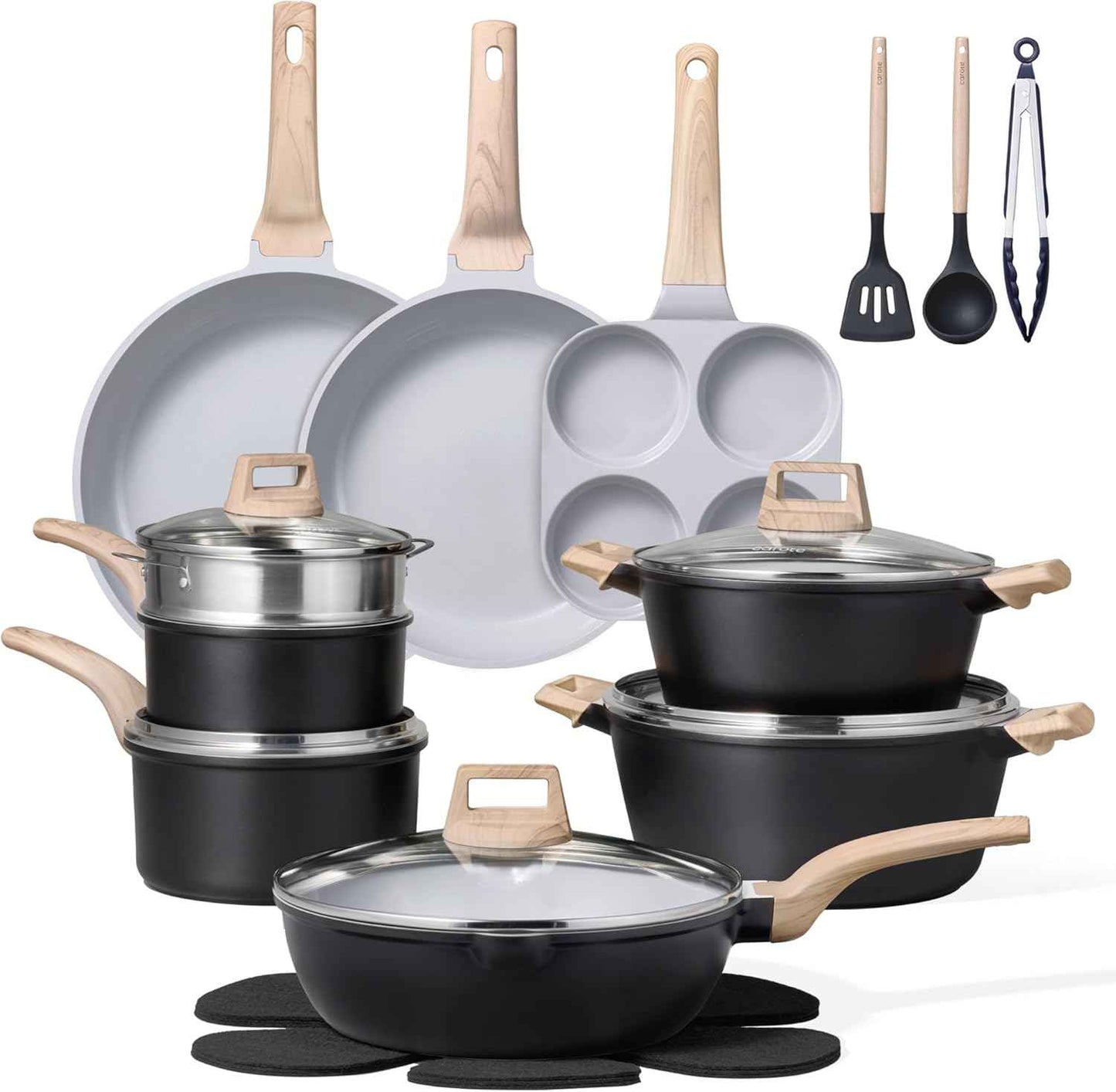 CAROTE 21Pcs Pots and Pans Set, Nonstick Cookware Sets, White Granite Induction Cookware Non Stick Cooking Set w/Frying Pans & Saucepans(PFOS, PFOA Free)