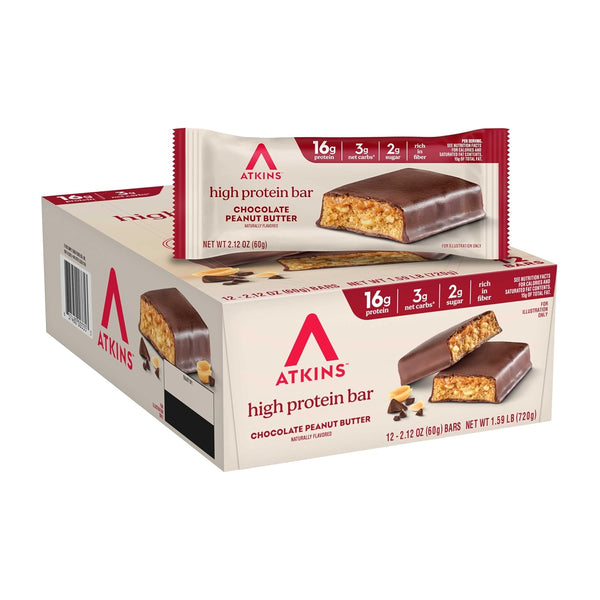 Atkins Peanut Butter Granola High Protein Bar, 12 Count, 16g Protein, 1g Sugar, 4g Net Carb