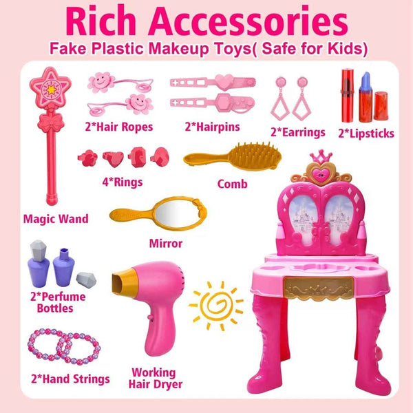 Light Pink Magic Makeup Table & Chair Set for 2-5 year old girls with Music and Mirror, Princess Dress Up Playset