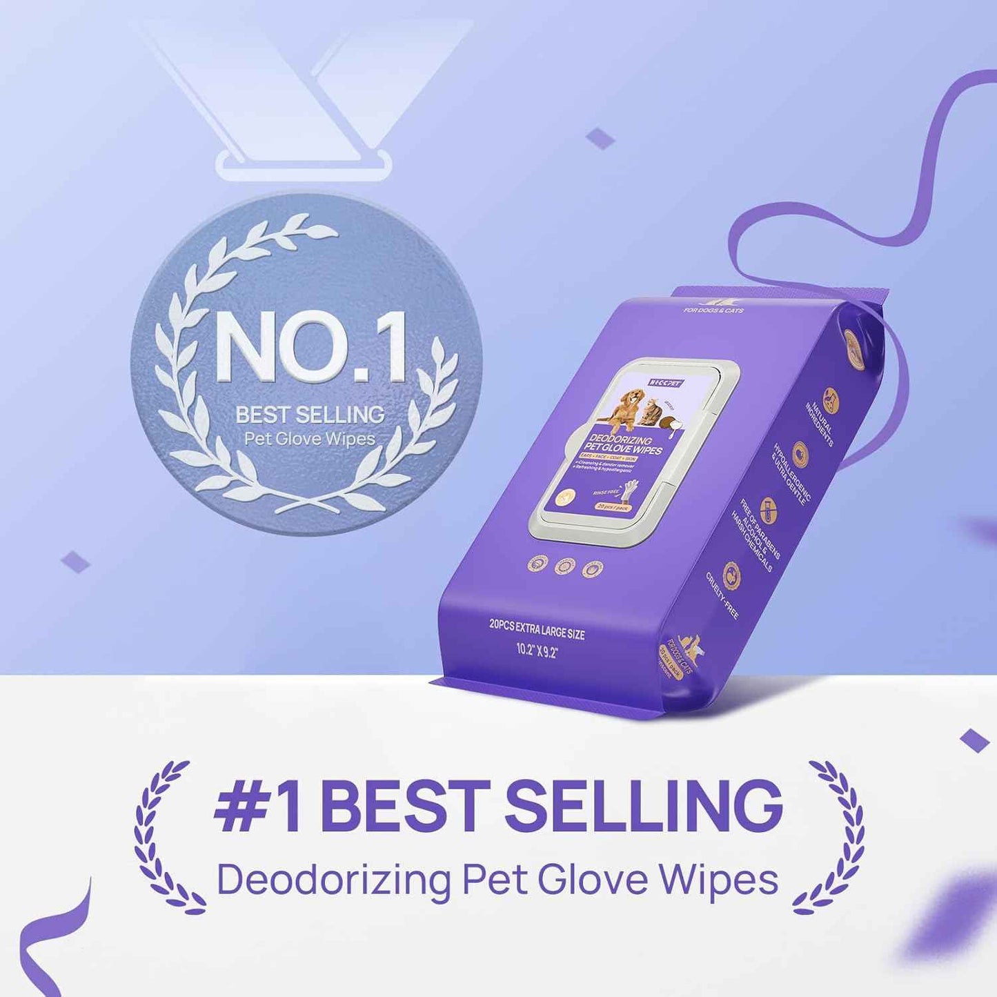 HICC PET Cleaning Deodorizing Glove Wipes for Dogs & Cats, Vet Recommended Hypoallergenic Pet Cleaning and Hydrating Glove Wipes, Nourish Fur Coconut Oil Pet Bathing Wipes for Horse Coat Care