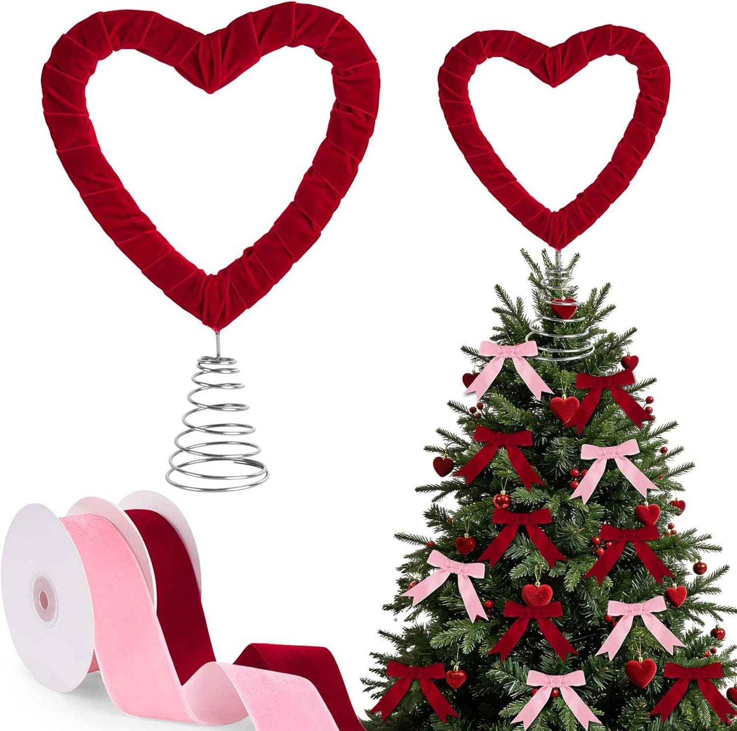 Valentine's Day Heart Tree Topper with 2 Rolls Velvet Ribbon, Velvet Tree Topper Decorations Red Pink Ribbon Ornaments for Valentine's Day Wedding Holiday Party Supplies Gifts Home Decor
