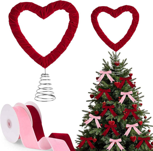 Valentine's Day Heart Tree Topper with 2 Rolls Velvet Ribbon, Velvet Tree Topper Decorations Red Pink Ribbon Ornaments for Valentine's Day Wedding Holiday Party Supplies Gifts Home Decor
