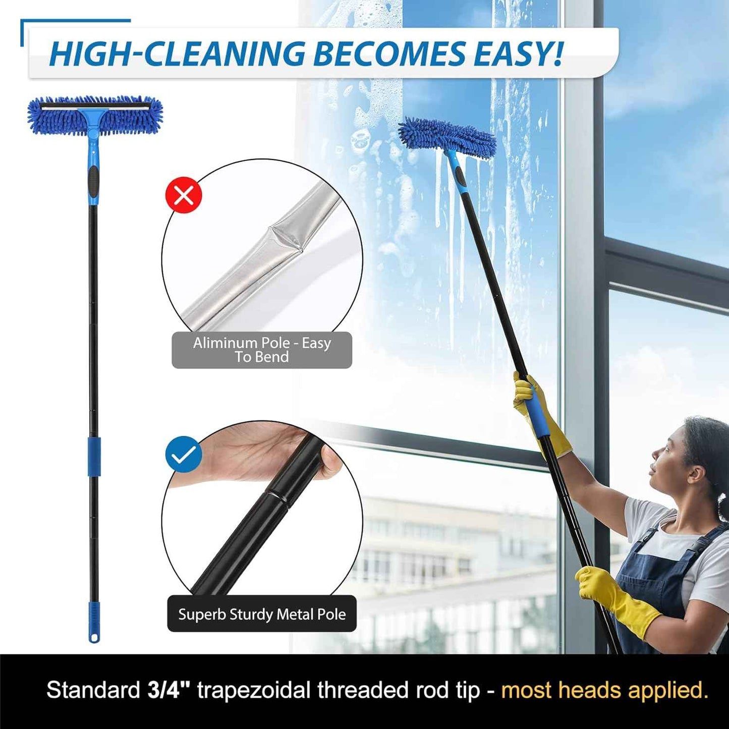 VITEVER Professional 69'' Window Squeegee Cleaner Tool with Extension Pole, 2-in-1 Squeegee for Window Cleaning Kit with Scrubber and Rotating Head, 1 Blade 2 Scrubber