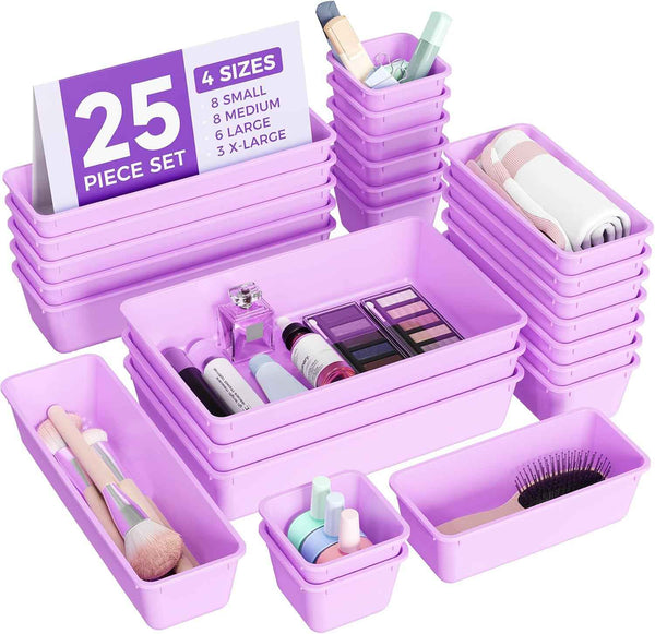 25 PCS Plastic Drawer Organizers Set, 4-Sizes Vanity and Makeup Organizer, Desk and bathroom Drawer Organizer Trays, Organizers and Storage for Makeup, Jewelry, Gadgets, Utensils (Pink)