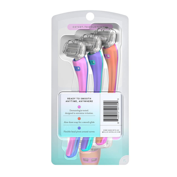 Billie 3-blade disposable razors for women - Malibu set, 3 razors, flexible head, aloe shave soap, matte rubber handle, travel ready