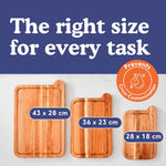 Non-toxic cutting board set made from FSC certified acacia wood, free of mineral oil, includes 3 chopping boards.