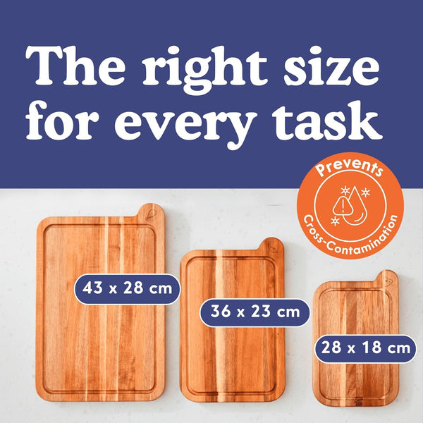 Non-toxic cutting board set made from FSC certified acacia wood, free of mineral oil, includes 3 chopping boards.