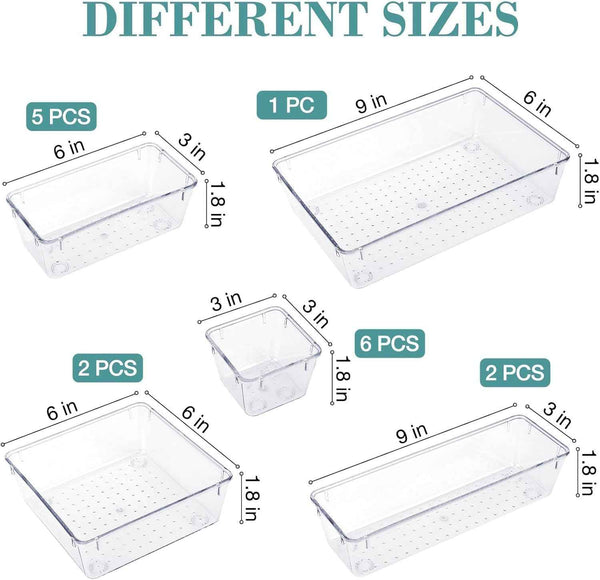 16 PCS Drawer Organizer Set, 5 Varied Size Bathroom and kitchen Drawer cabinet organizer Trays, Clear Storage Bins for Makeup, Jewelry, Utensils and Gadgets