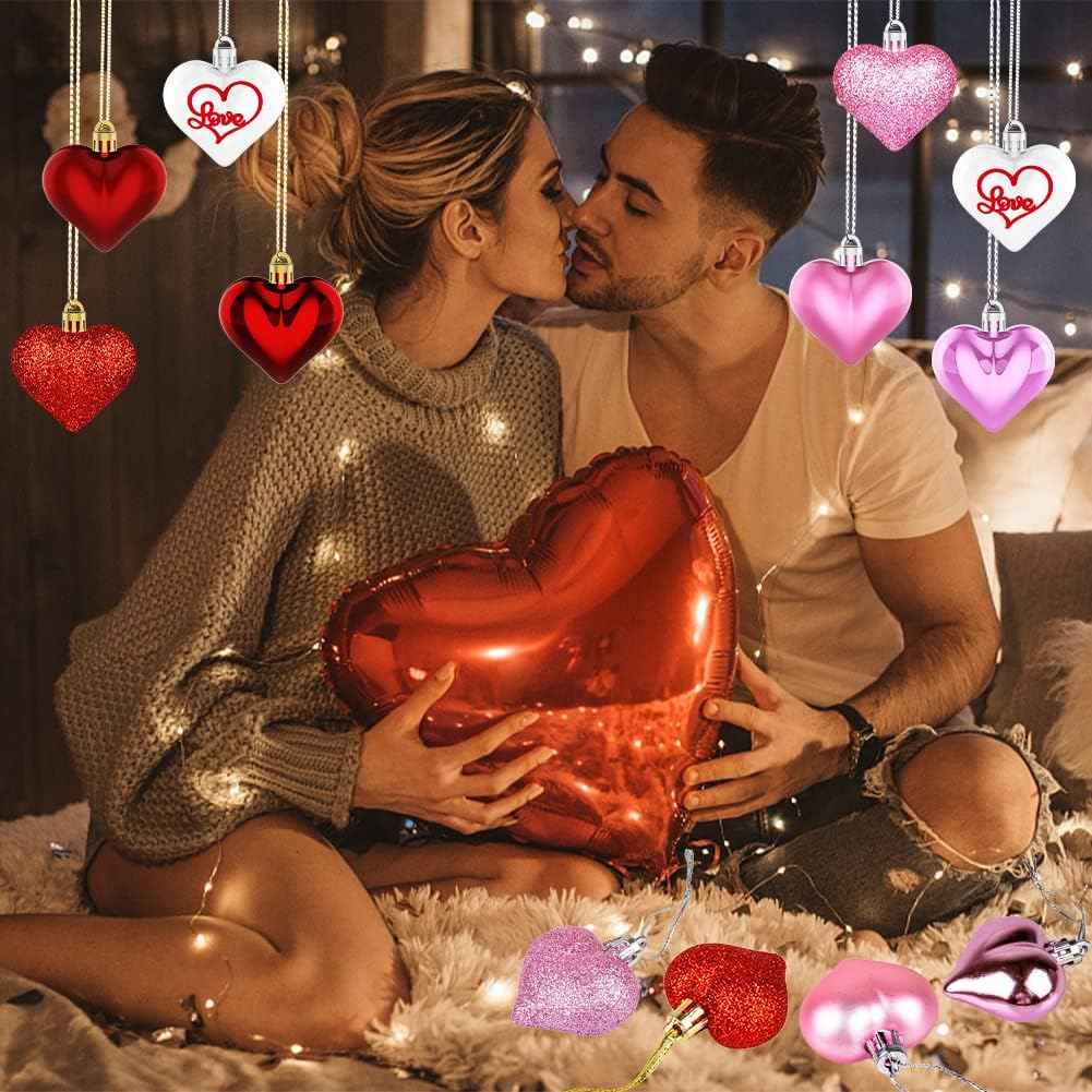 Valentine's Day Decor Heart Ornaments 36 Pcs Heart Shaped Baubles Red Pink White Hanging Decorations for Valentine's Day Christmas Wedding Anniversary