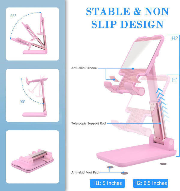 Adjustable Cell Phone Stand for Desk, Foldable and Portable, Compatible with All Mobile Phones and 4-8 Inch Devices