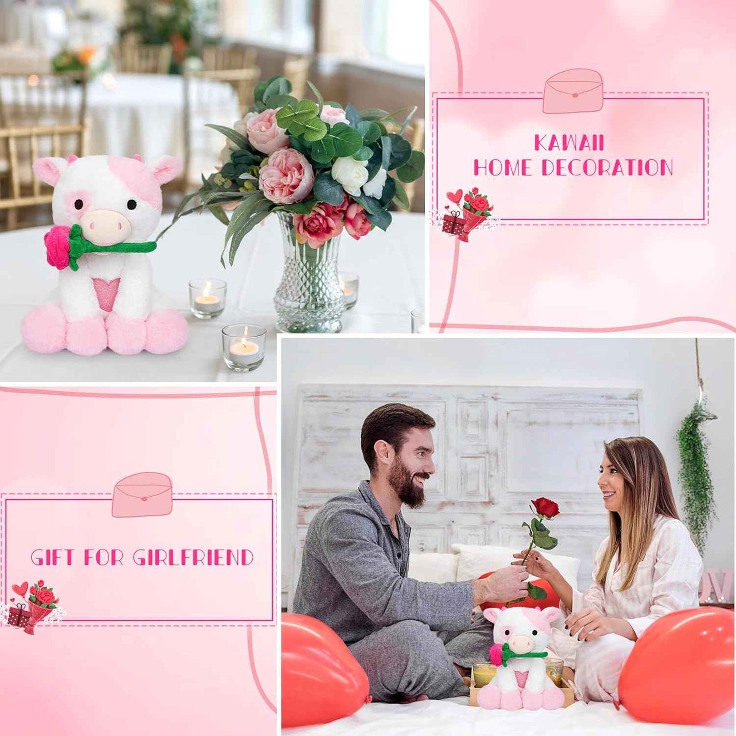 Bekrgwiy Valentines Stuffed Animal,10in Pink Cow Stuffed Animals with Rose,Valentines Day Plush Cow,Pink Cow Plushie Doll Toys,Valentines Day Gifts for Her Girlfriend Kids