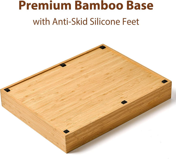 Bamboo kitchen drawer organizer with 7 slots and 6 silicone feet