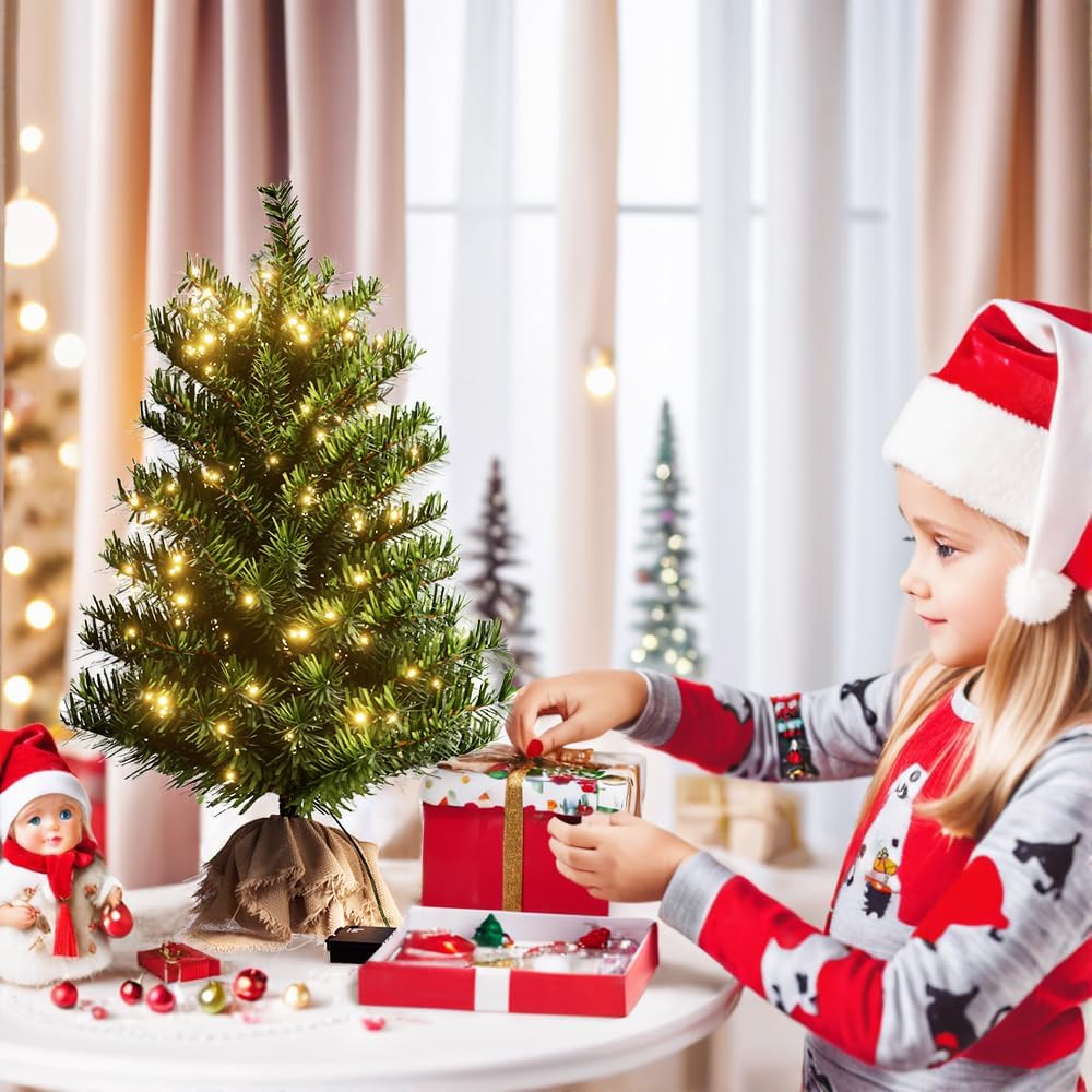 Pre-lit Mini Christmas Tree, 2ft Christmas Tree with 50 Led Warm Lights, Artificial Christmas Tree with 72 Branch Tips, Battery Operated Small Xmas Tree for Table Desk Best Holiday Home Decorations