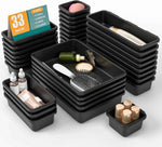 10 PCS Drawer Organizer Set, 4 Size Makeup Drawer Divider Organizer With Non-Slip Pads, Interlocking Plastic Storage Bins for Office,Jewelry Vanity,Gadgets, Bathroom,Kitchen, Black