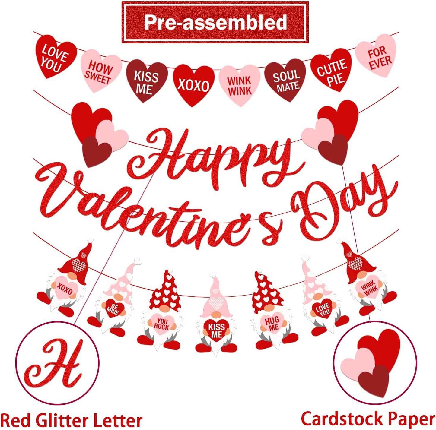 Valentine's Day Garland Banner Including Glitter Happy Valentine's Day Banner, Valentines Gnomes Garland Banner, XOXO Heart Garland for Valentines Gnomes Wedding Engagement Anniversary Party