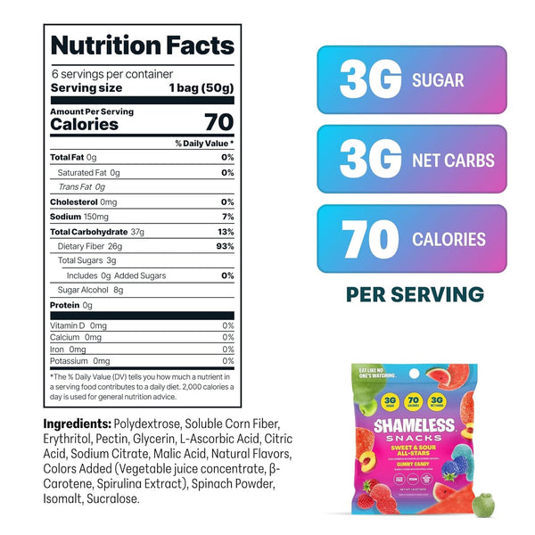Shameless Snacks Sweet & Sour All-Stars Mixed Bag - Sour Candy & Fruit Snacks, 5 Flavors Per Bag Gummy Candy, Keto Snacks 3g Sugar Gluten Free Vegan for Kids & Adults