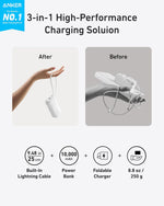 Anker Nano 3-in-1 Portable iPhone Charger, 10,000mAh Power Bank with Built-in USB-C Cable and Foldable Wall Plug, 30W Max Battery Pack, Travel Essentials for iPhone 17/16/15 Series, Galaxy, MacBook