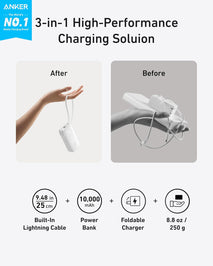 Anker Nano 3-in-1 Portable iPhone Charger, 10,000mAh Power Bank with Built-in USB-C Cable and Foldable Wall Plug, 30W Max Battery Pack, Travel Essentials for iPhone 17/16/15 Series, Galaxy, MacBook