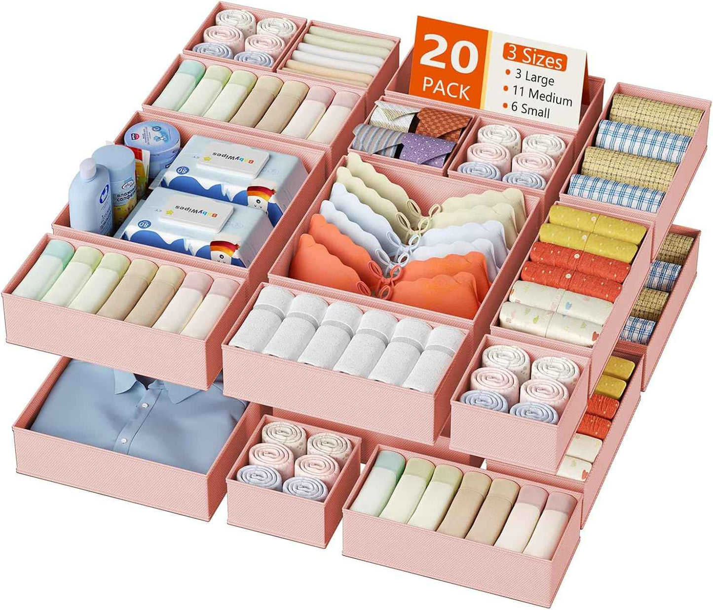 DIMJ Drawer Organizer Clothes, 12 Pack Dresser Organizer, Foldable Closet Organizers and Storage, Fabric Dresser Bins, Drawer Dividers for Nursery, Baby Clothes, Underwears, Sock (Beige)