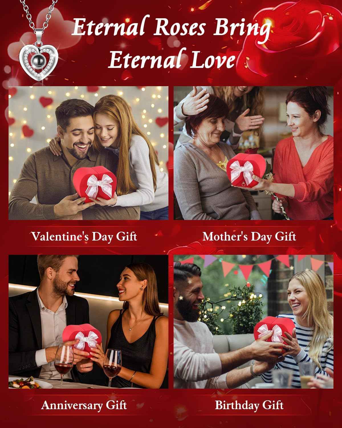 Preserved Red Forever Rose Heart Necklace Gift Box, Eternal Flowers "I Love You" Projection Jewelry for Women, Romantic Christmas Valentines Day Anniversary Birthday Gift for Her(Wife Girlfriend Mom)