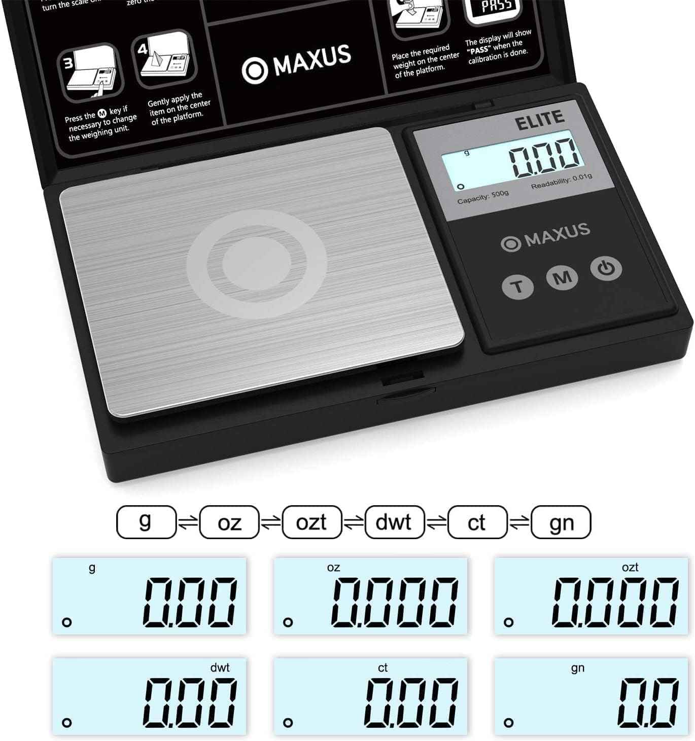 MAXUS Digital Pocket Gram Scale 500g x 0.01g High Precision with Tray, Weighs Small Food, Jewelry, Ounces, Grains, LCD Display, Tare Function