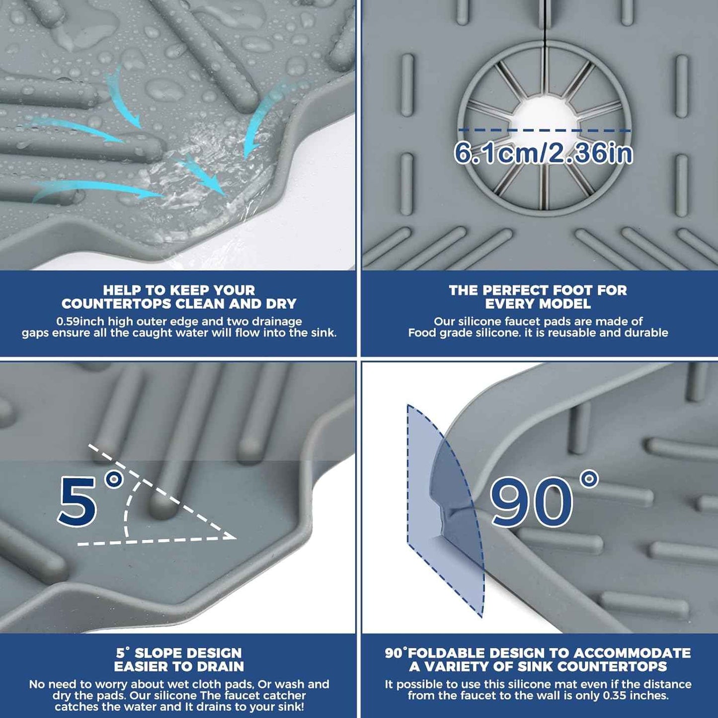 BFONS Silicone Faucet Handle Drip Catcher Drying Tray Mat Dish Soap Sponge Holder Accessories Gadgets for Kitchen Counter Bathroom Kitchen Sink Splash Guard -Grey