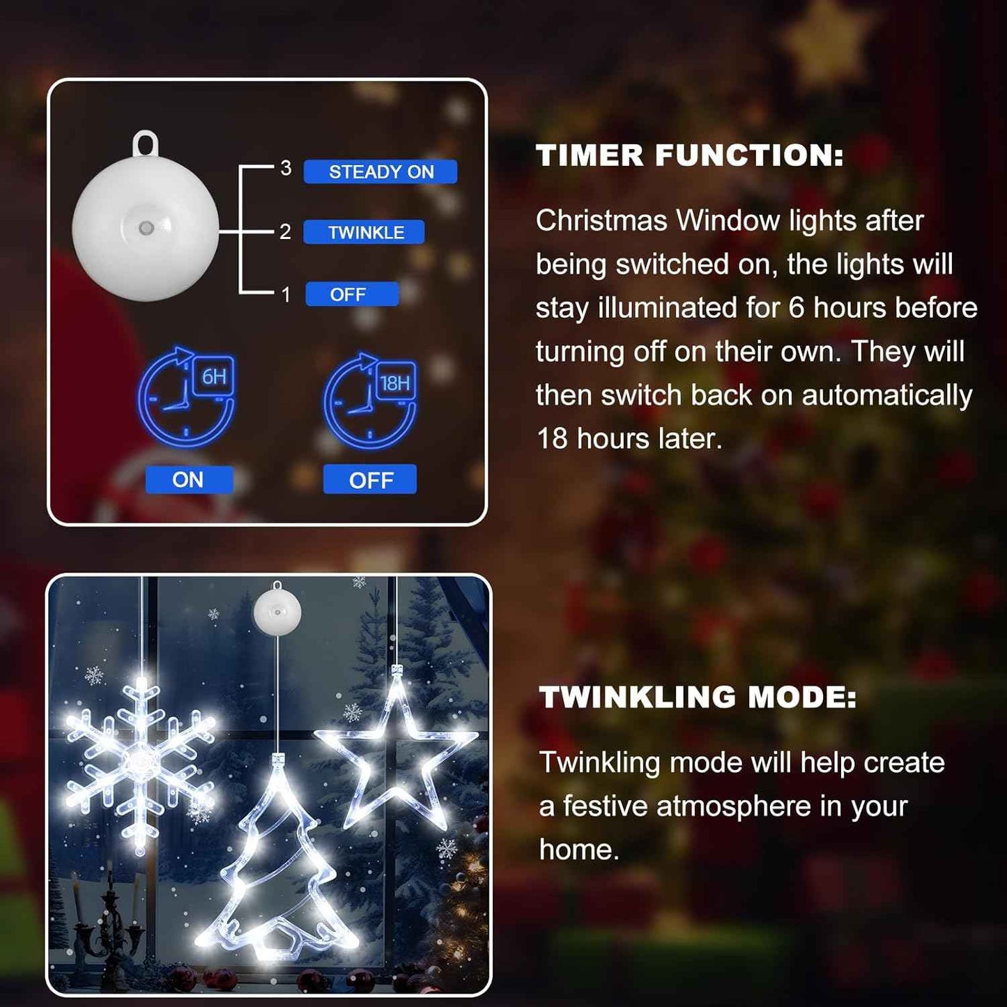 3Pack Christmas Window Lights Decorations with Timer, Battery Powered Hanging White Lighted Snowflake Tree Star Shaped LED Sucker for Xmas Tree Fireplace Indoor Decor