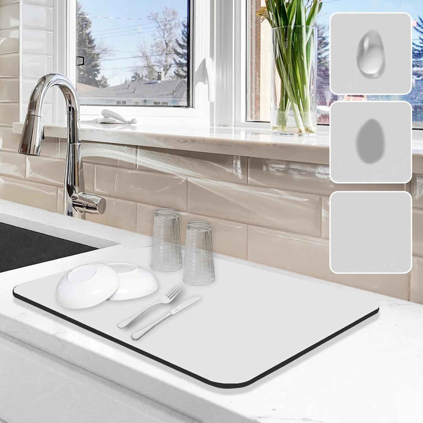 Dish Drying Mat for Kitchen Counter, 12"x19" Dish Drying Pad with Non-slip Rubber Backed, Hide Stain Anti Absorbent for Kitchen Counter, Drying Mat for Coffee Machine Dish Rack (Grey)