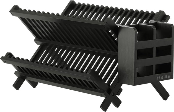 Bamboo Folding 2-Tier Collapsible Dish Rack with Utensil Holder Set